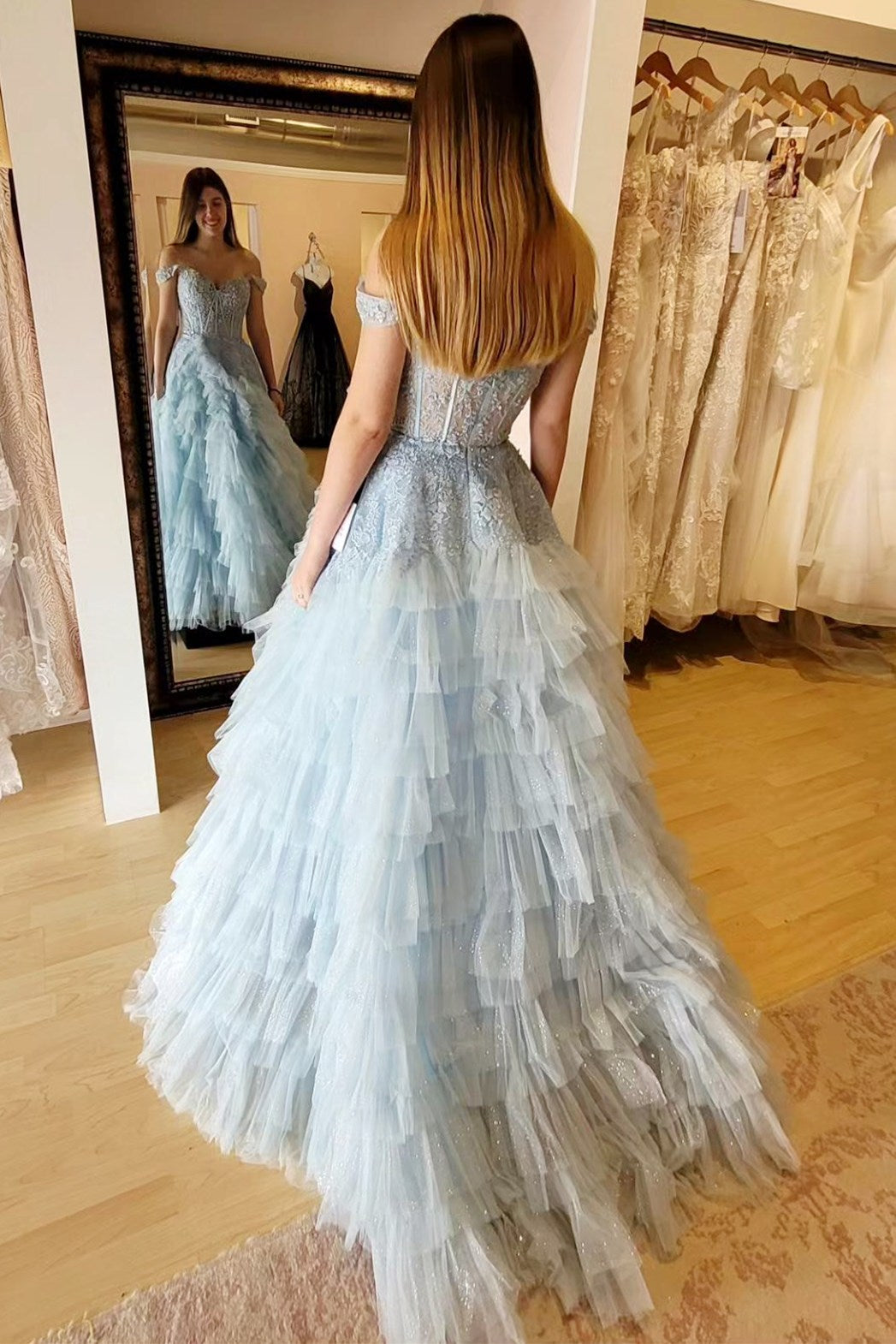 Oaklyn | Light Blue Appliques Off-the-Shoulder Ruffle Tiered Long Prom Dress - Prom Dress - DYAVOR®