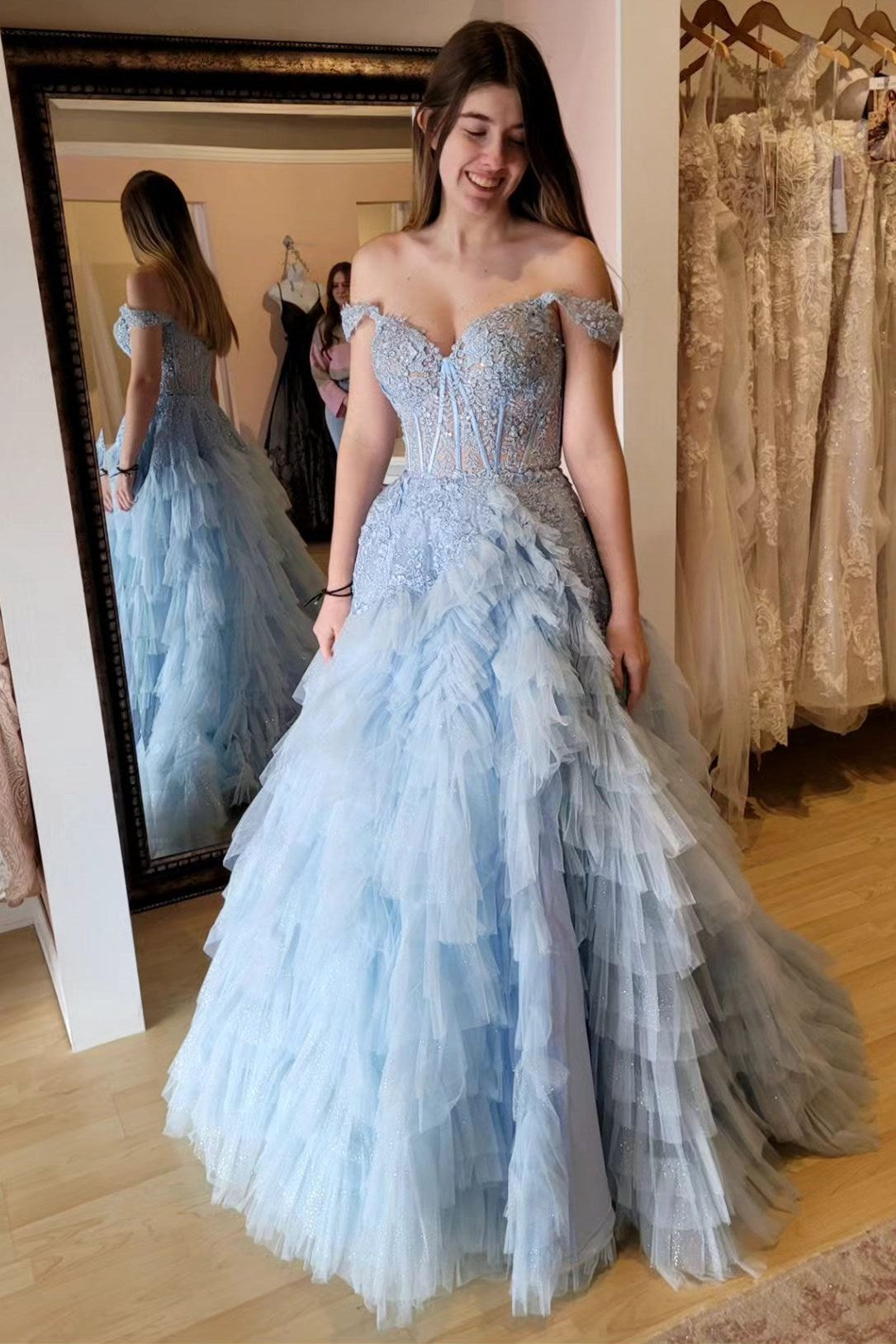 Oaklyn | Light Blue Appliques Off-the-Shoulder Ruffle Tiered Long Prom Dress - Prom Dress - DYAVOR®