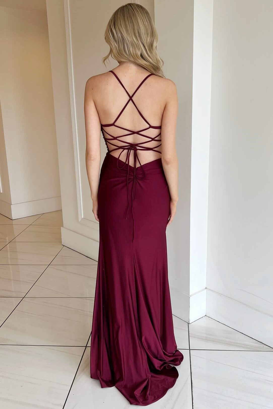 Rochelle | Burgundy V-Neck Lace-Up Long Formal Dress with Slit - Prom Dress - DYAVOR®