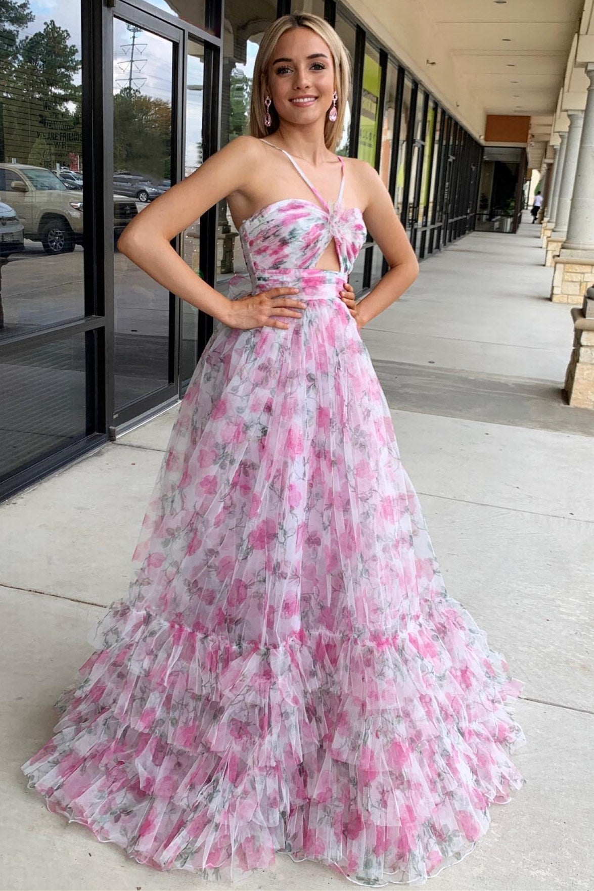 Rita | Pink Print Halter Keyhole A-Line Long Prom Dress - Prom Dress - DYAVOR®