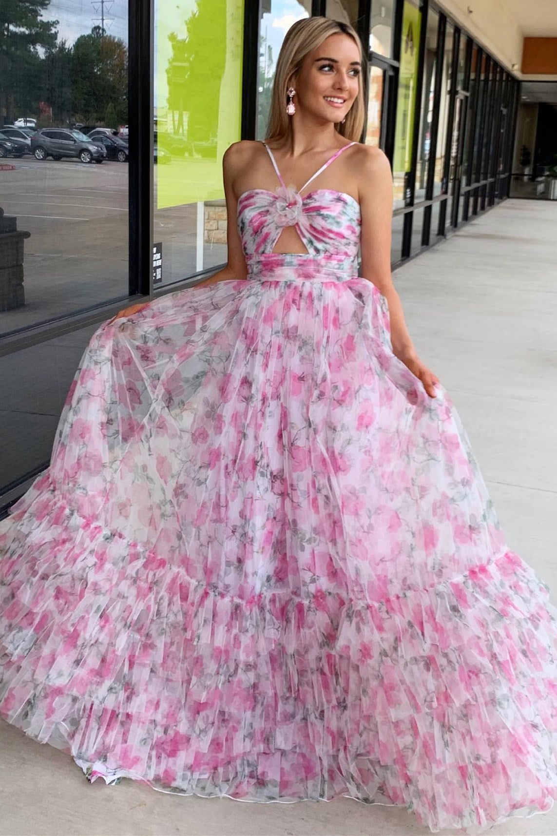 Rita | Pink Print Halter Keyhole A-Line Long Prom Dress - Prom Dress - DYAVOR®