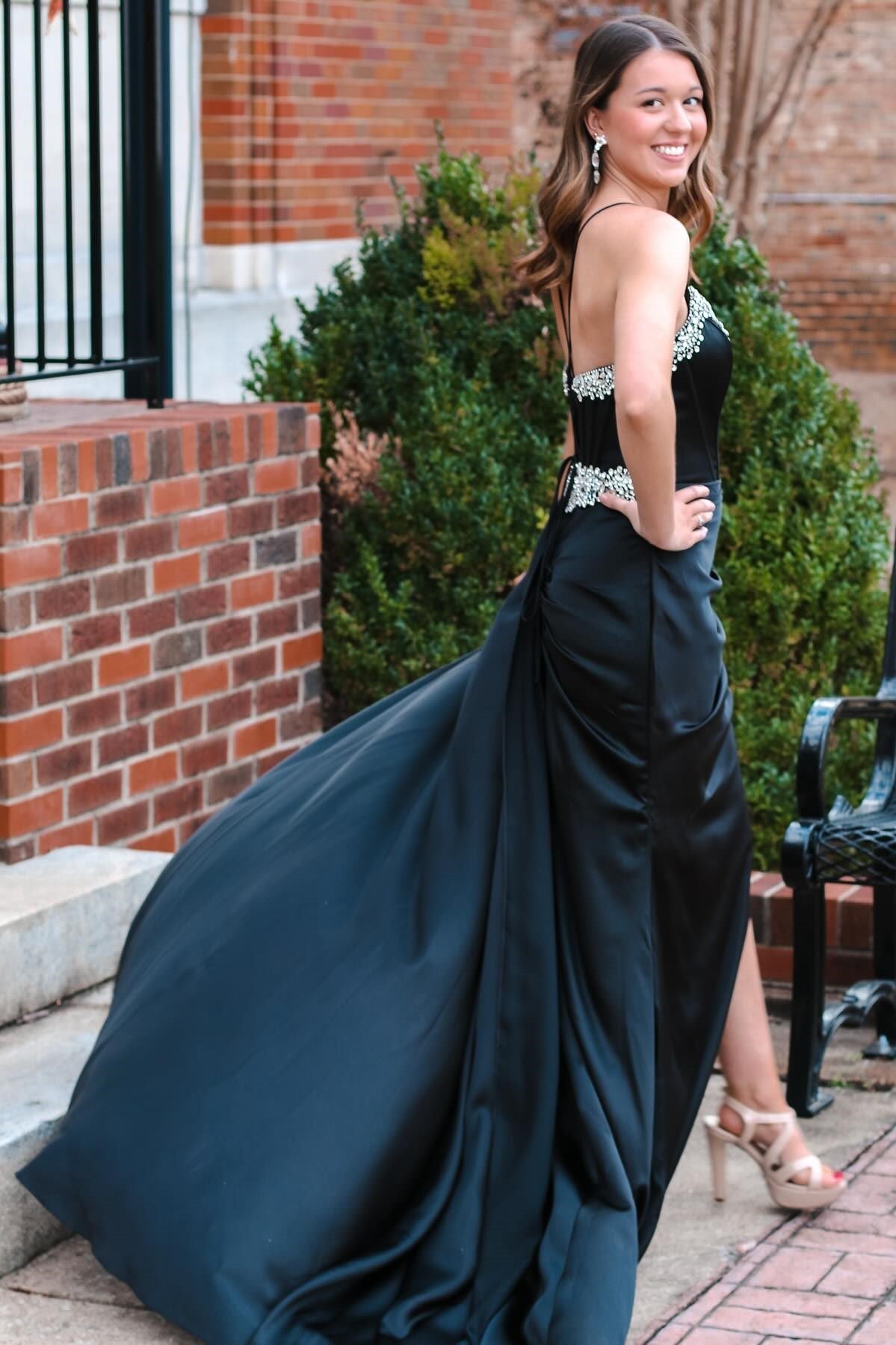 Polly | Black Rhinestone V-Neck Long Formal Dress with Attached Train - Prom Dress - DYAVOR®