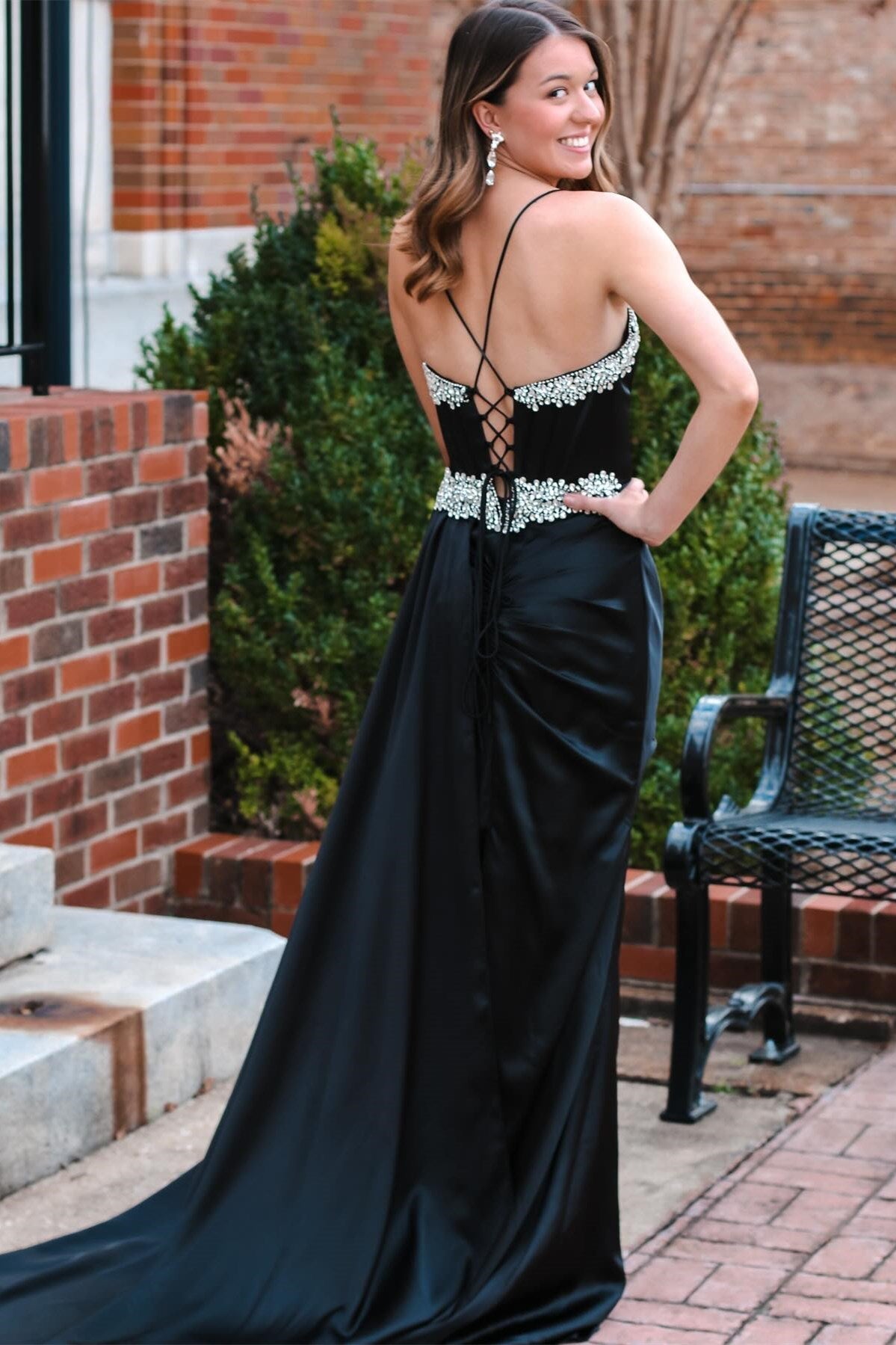 Polly | Black Rhinestone V-Neck Long Formal Dress with Attached Train - Prom Dress - DYAVOR®