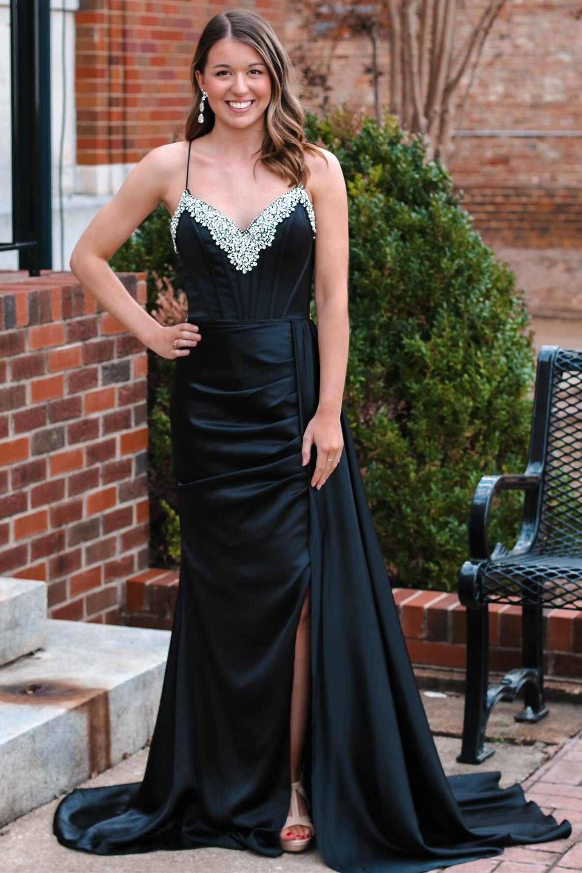 Polly | Black Rhinestone V-Neck Long Formal Dress with Attached Train - Prom Dress - DYAVOR®