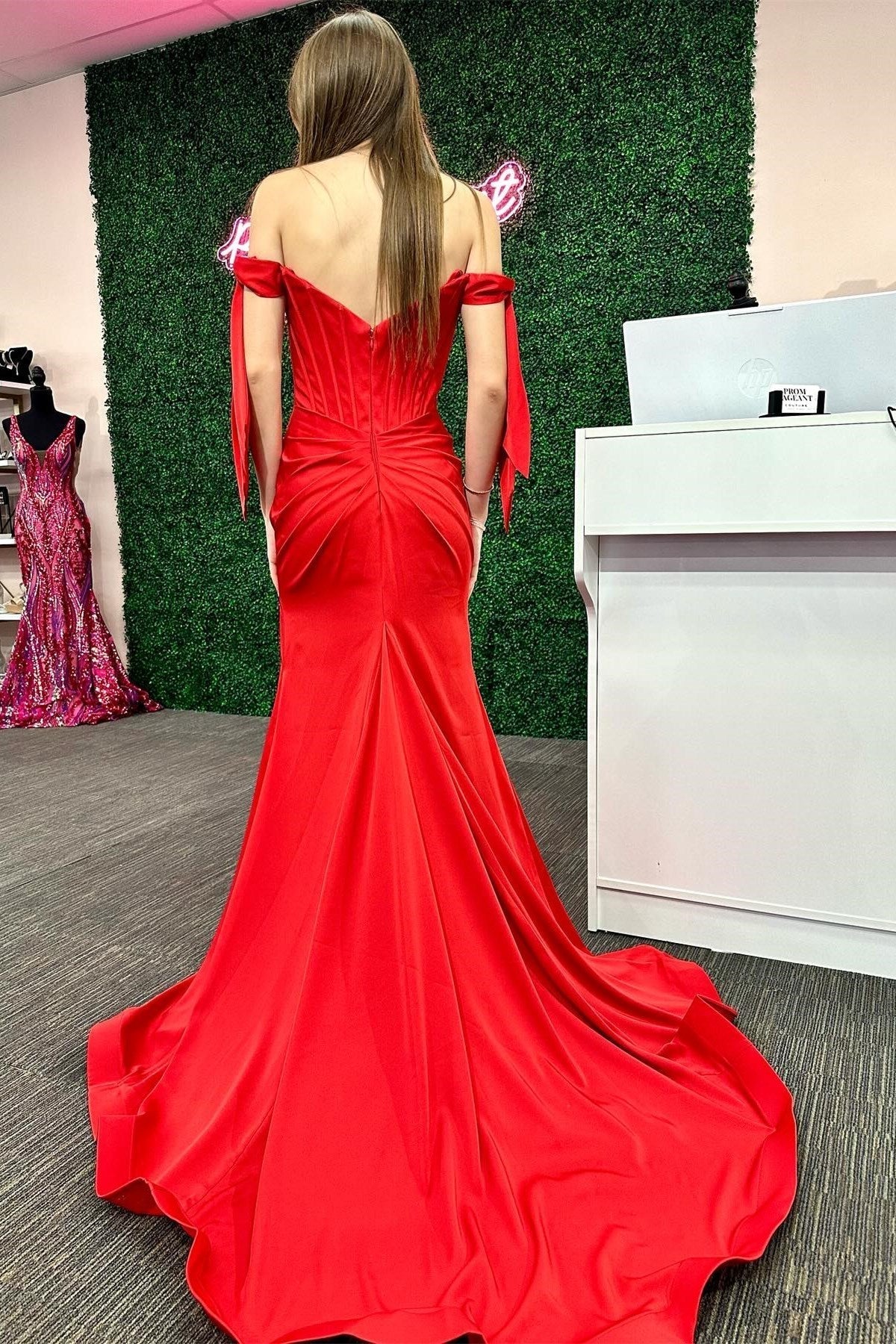 Pamela | Red Off-the-Shoulder Bow Sleeve Mermaid Long Prom Dress with Slit - Prom Dress - DYAVOR®