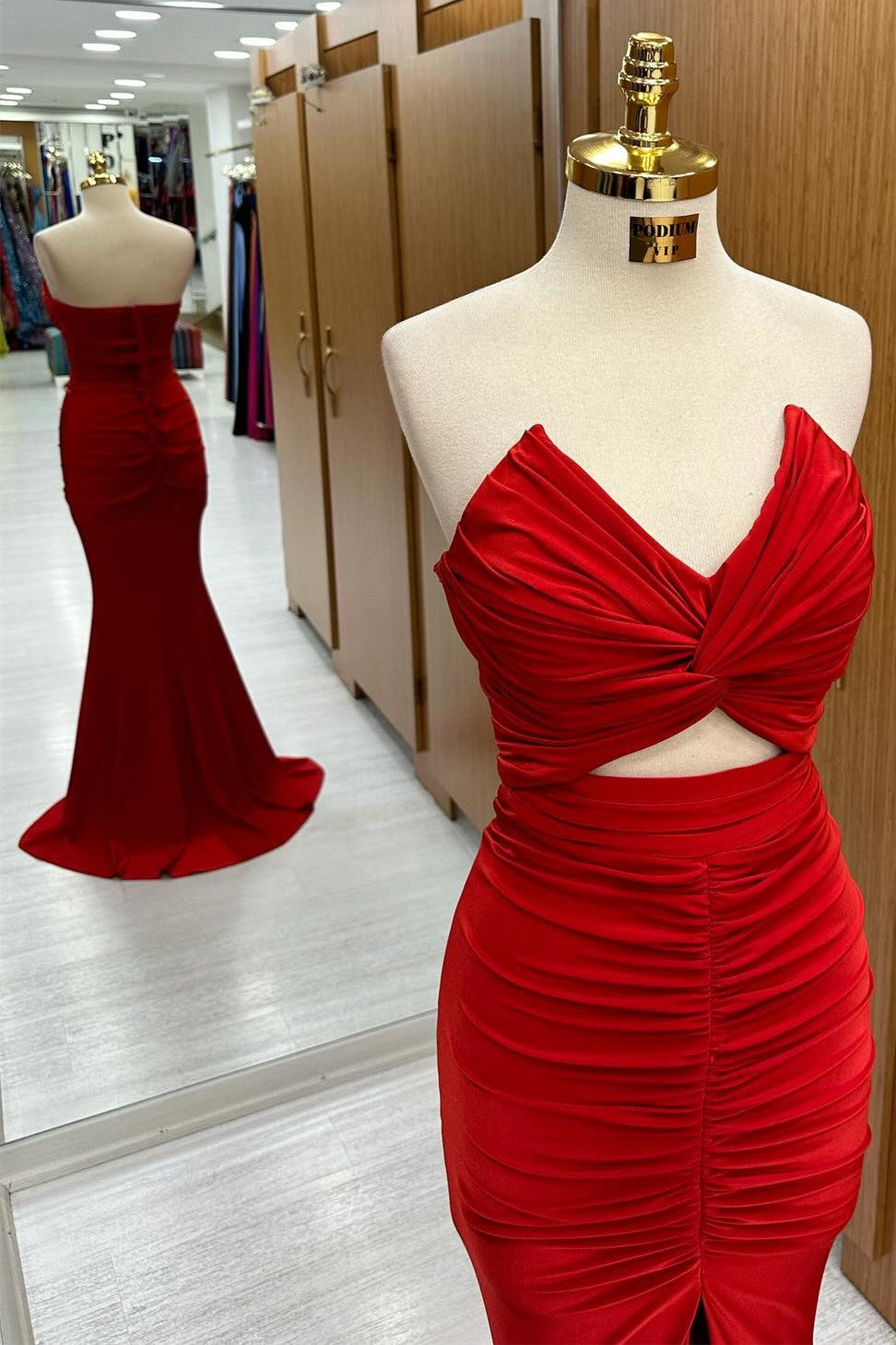 Monique | Red Strapless Twisted Knot Mermaid Long Formal Dress with Slit - Prom Dress - DYAVOR®