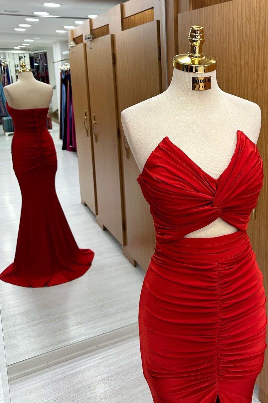 Monique | Red Strapless Twisted Knot Mermaid Long Formal Dress with Slit - Prom Dress - DYAVOR®