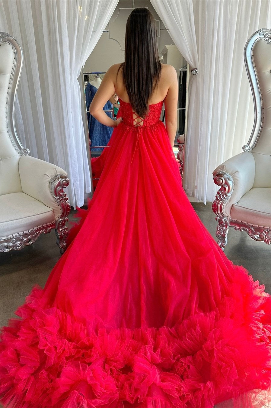 Romy | Red Tulle Appliques Sweetheart Ruffle Long Prom Dress - Prom Dress - DYAVOR®