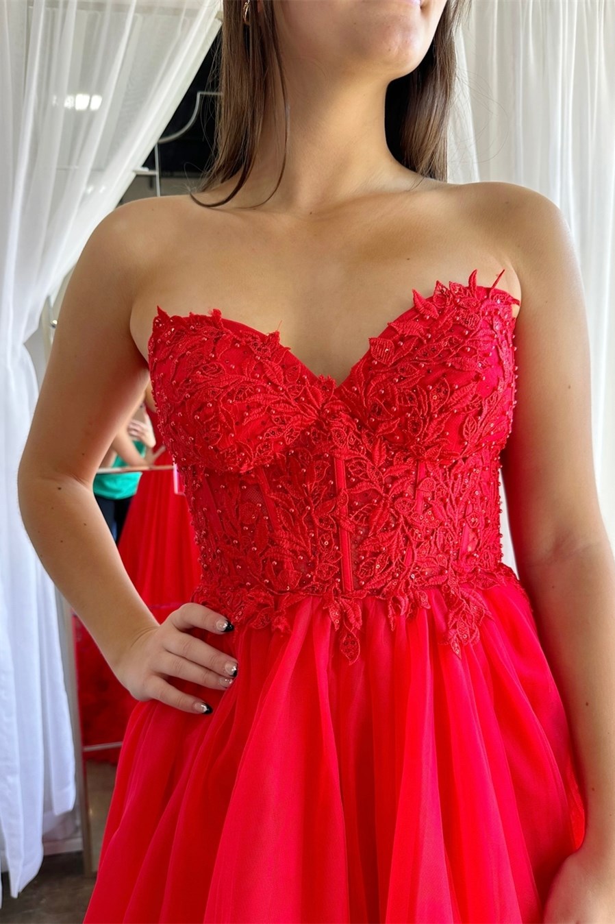 Romy | Red Tulle Appliques Sweetheart Ruffle Long Prom Dress - Prom Dress - DYAVOR®