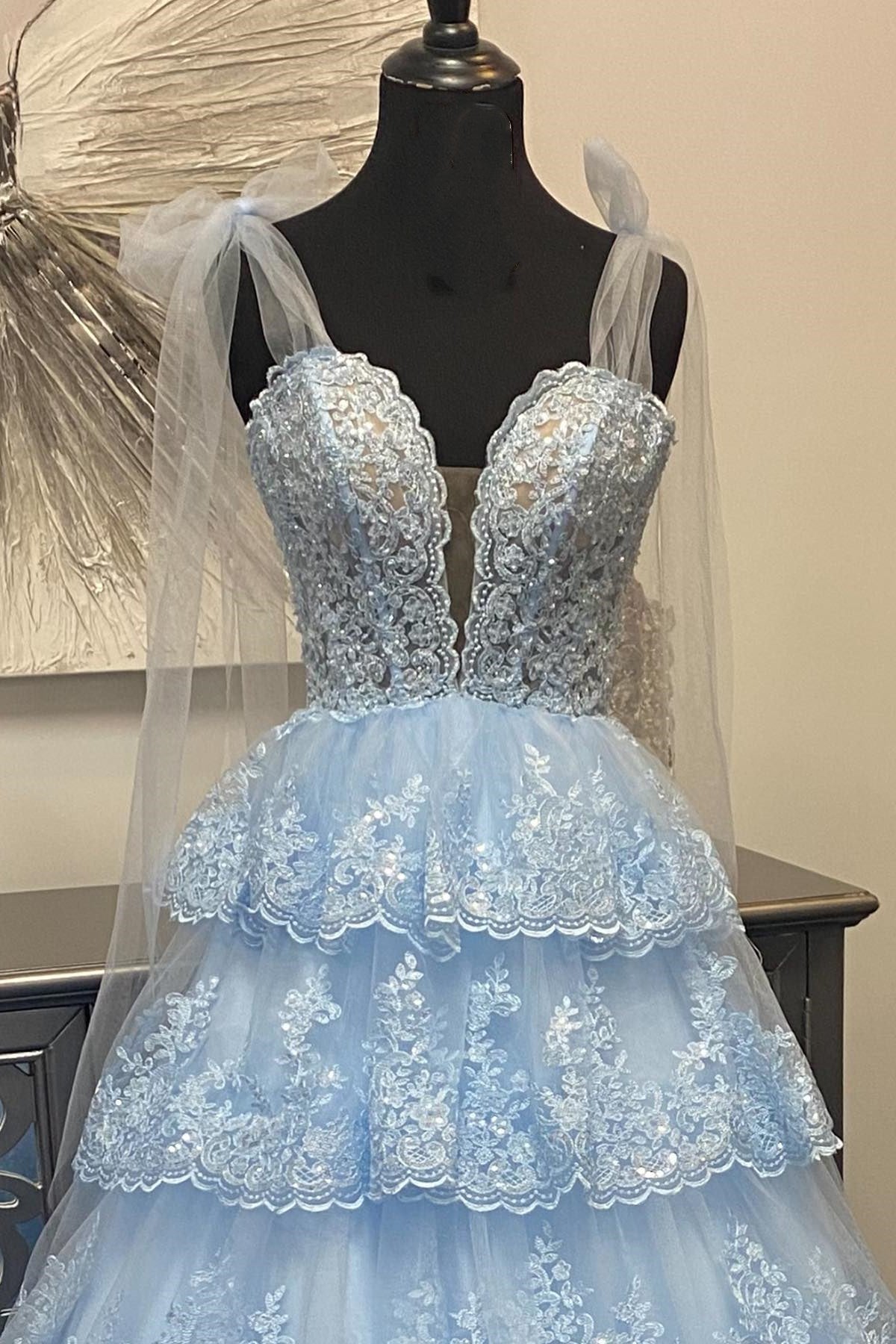Thelma | Light Blue Tulle Appliques Tying Strap Ruffle Tiered Long Prom Dress - Prom Dress - DYAVOR®