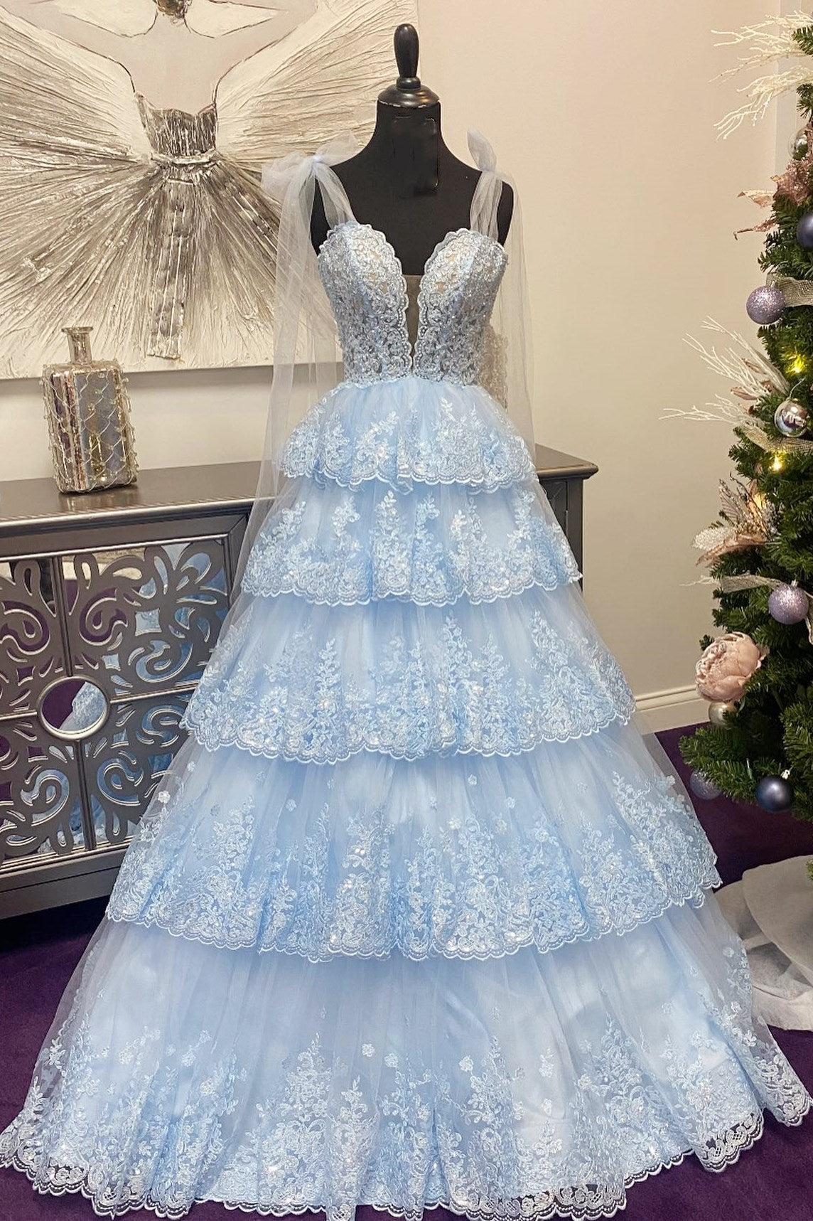Thelma | Light Blue Tulle Appliques Tying Strap Ruffle Tiered Long Prom Dress - Prom Dress - DYAVOR®