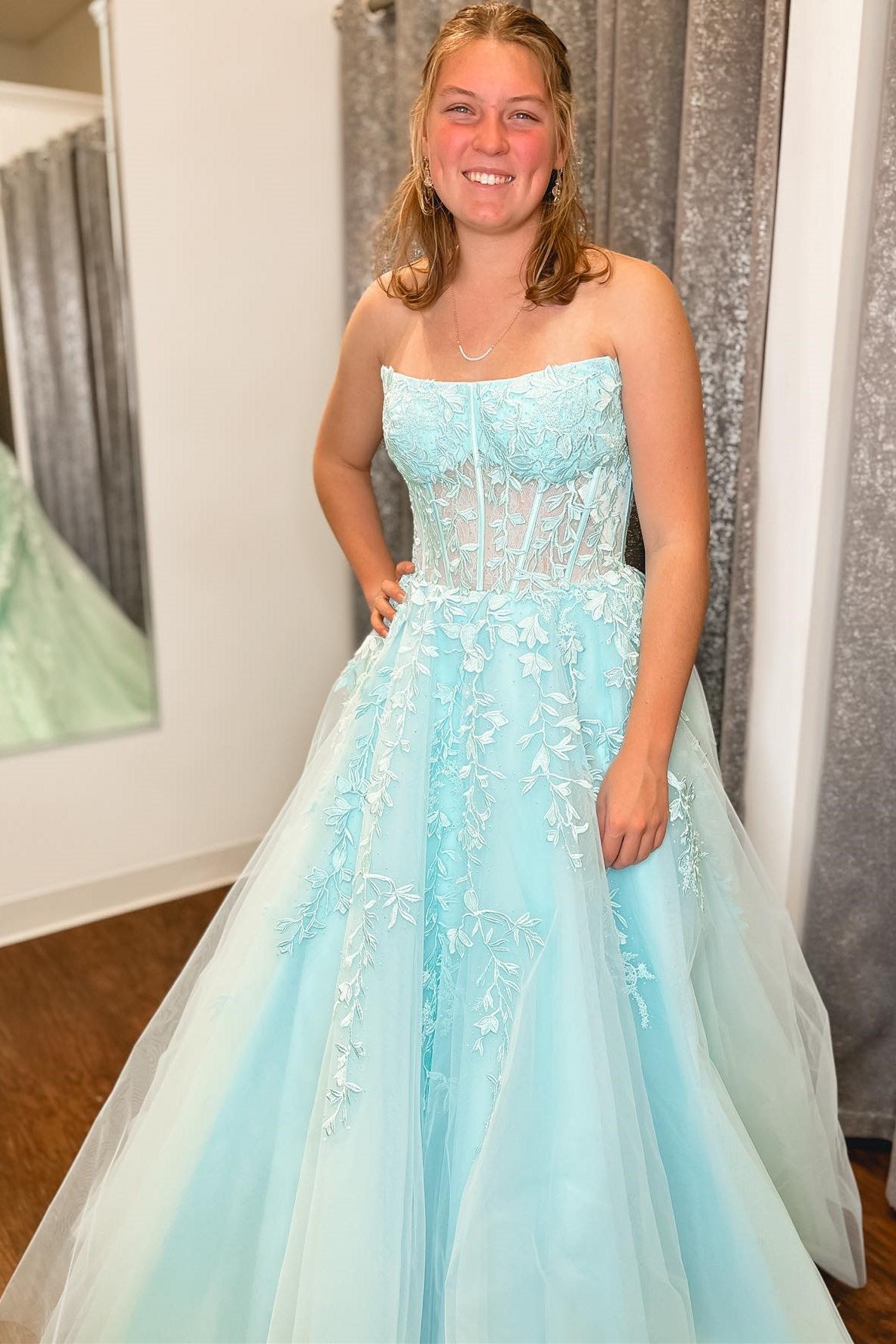 Nell | Aqua Blue Appliques Strapless A-Line Long Prom Dress - Prom Dress - DYAVOR®