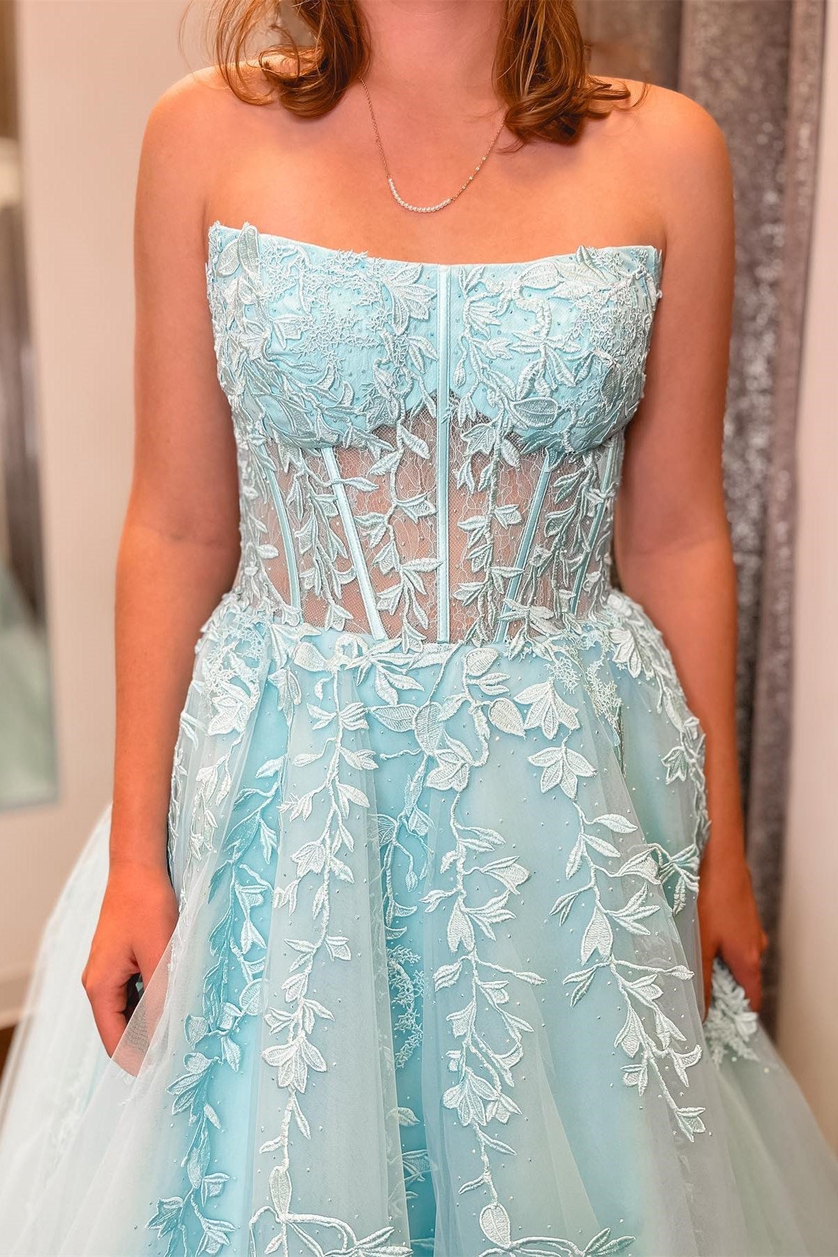 Nell | Aqua Blue Appliques Strapless A-Line Long Prom Dress - Prom Dress - DYAVOR®