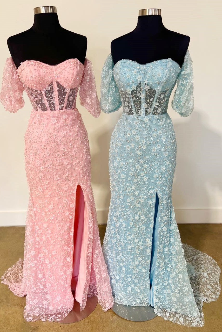 Mindy | Pink 3D Floral Lace Sweetheart Mermaid Long Prom Dress with Slit - Prom Dress - DYAVOR®