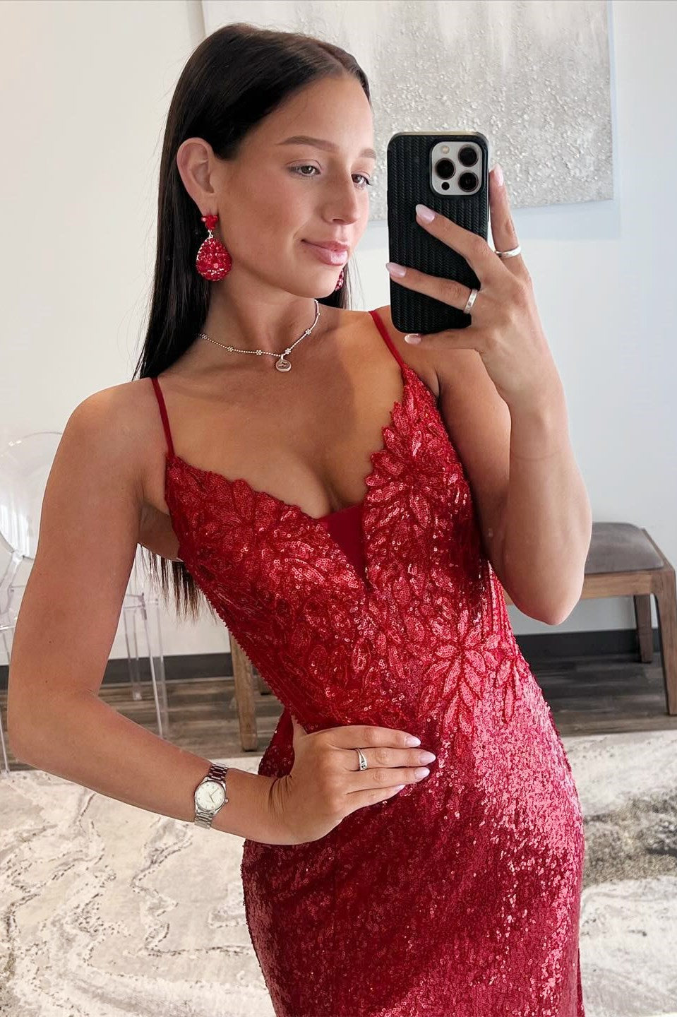 Red Sequin Plunge V Backless Mermaid Maxi Dress with Slit - Prom Dress - DYAVOR®