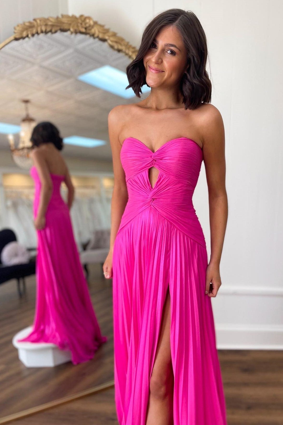 Hot Pink Strapless Keyhole Pleated A-Line Prom Dress - Prom Dress - DYAVOR®