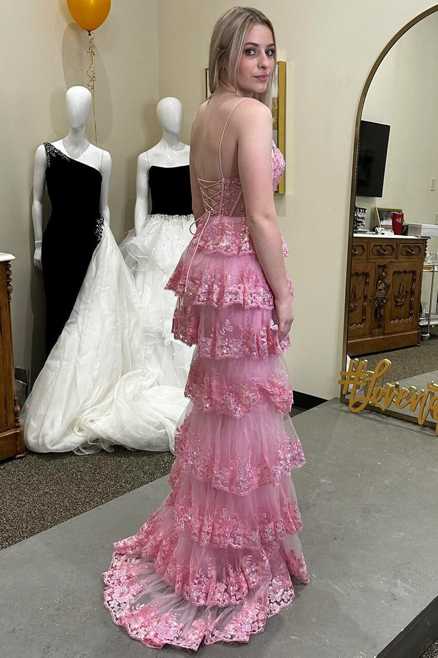 Pink Glitter Appliques Lace-Up Ruffle Tiered Long Dress with Slit - Prom Dress - DYAVOR®