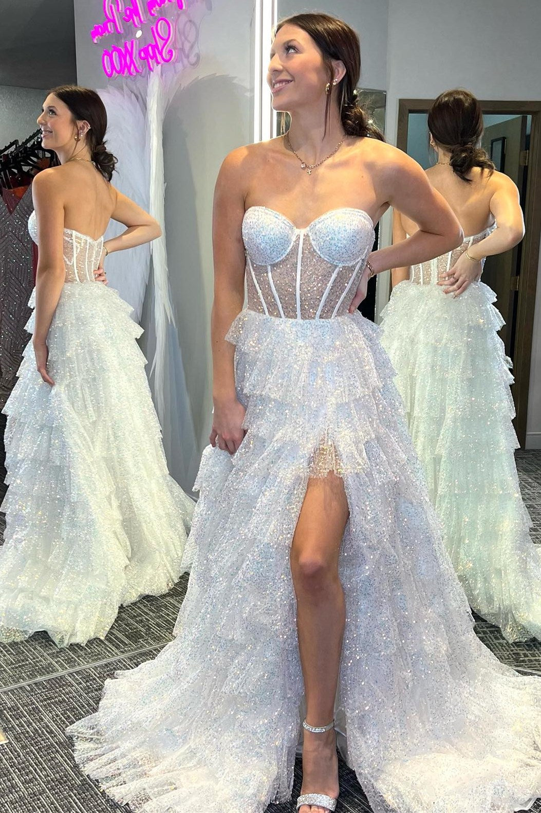 Eleanor | Glitter Tulle Corset Ruffle Tiered Long Prom Dress with Slit - Prom Dress - DYAVOR®