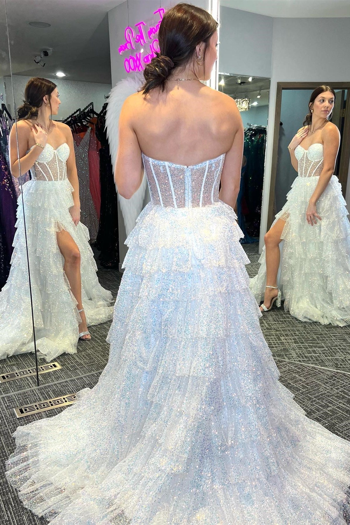 Eleanor | Glitter Tulle Corset Ruffle Tiered Long Prom Dress with Slit - Prom Dress - DYAVOR®