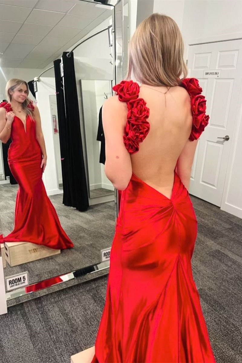 Rosette Plunge V Backless Mermaid Long Gown - Prom Dresses - DYAVOR®