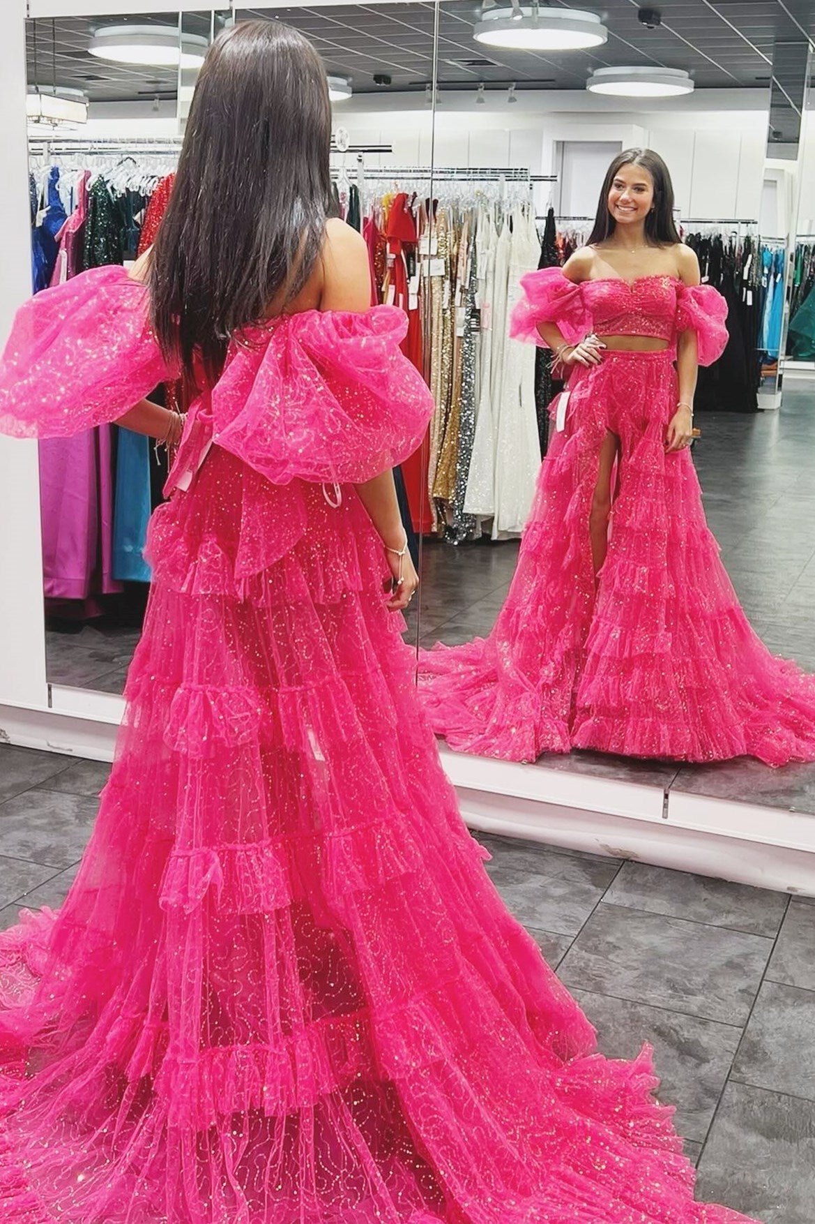 Two-Piece Puff Sleeve Ruffle Glitter Tulle Prom Dress with Slit - Prom Dresses - DYAVOR®
