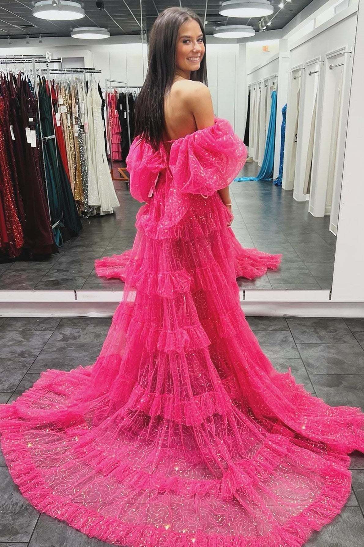 Two-Piece Puff Sleeve Ruffle Glitter Tulle Prom Dress with Slit - Prom Dresses - DYAVOR®