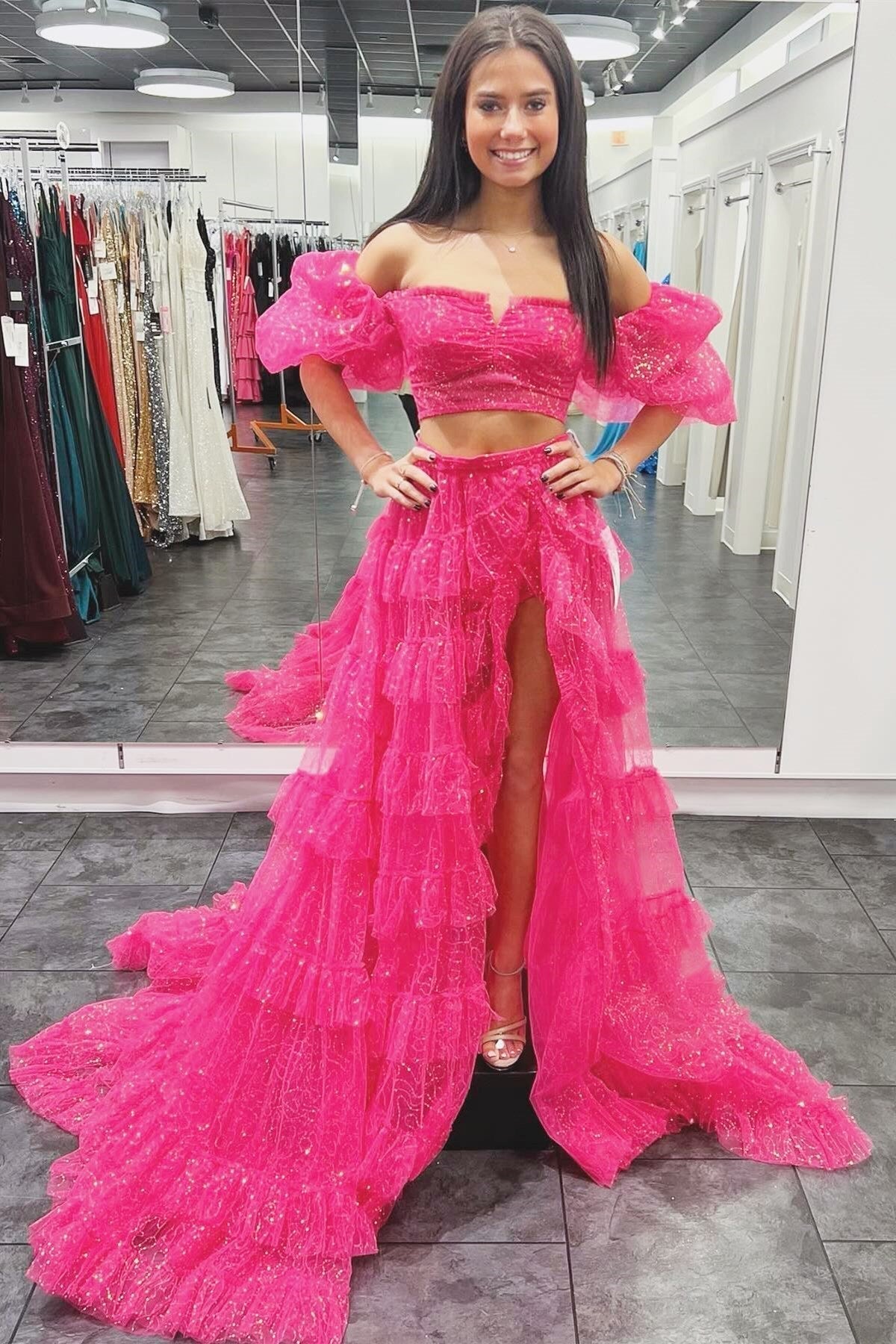 Two-Piece Puff Sleeve Ruffle Glitter Tulle Prom Dress with Slit - Prom Dresses - DYAVOR®