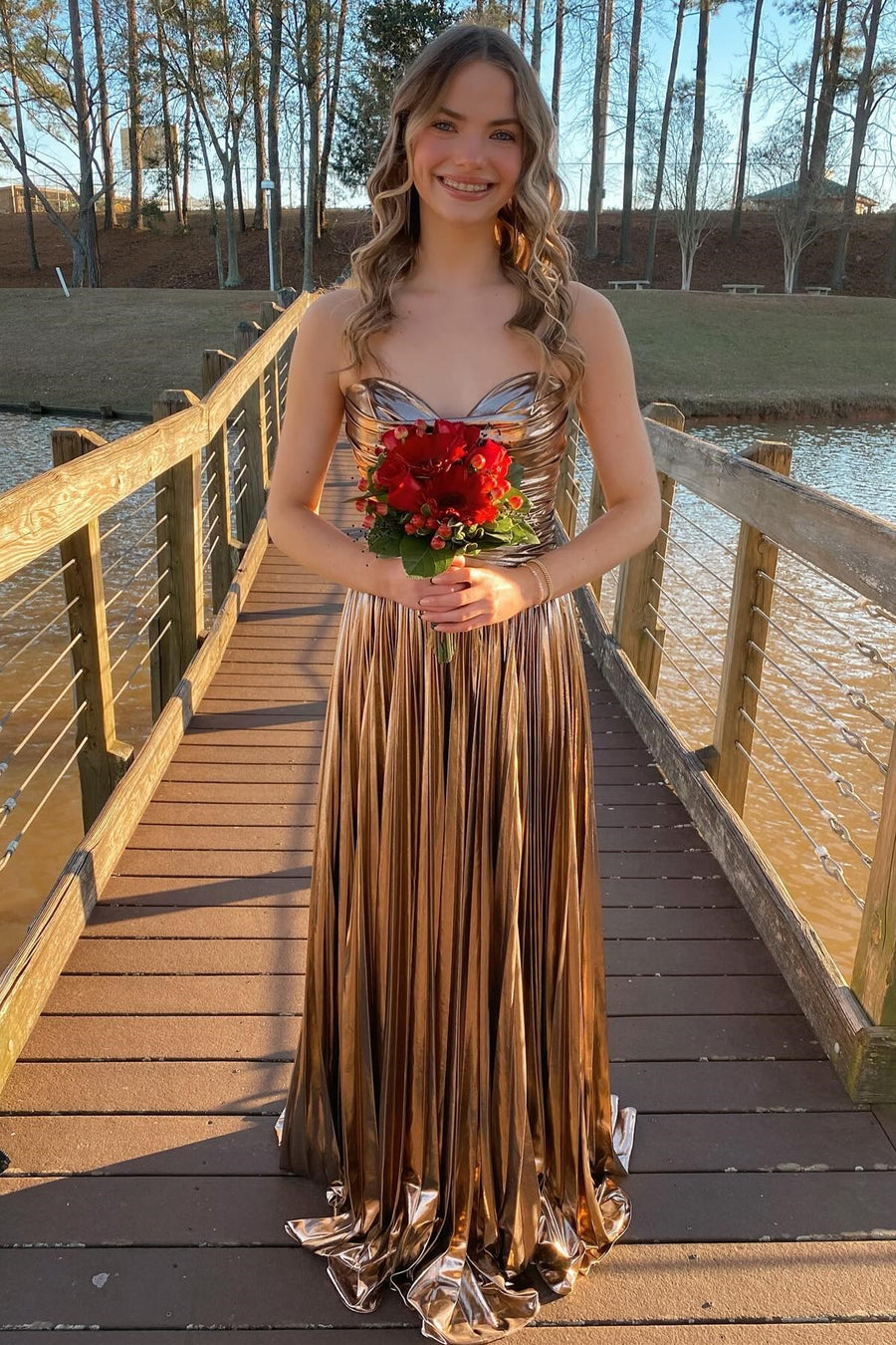 Oakley | Green Metallic Strapless Pleated A-Line Long Prom Dresses - Prom Dress - DYAVOR®