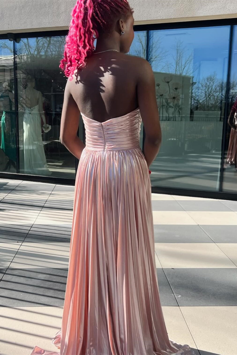 Oakley | Green Metallic Strapless Pleated A-Line Long Prom Dresses - Prom Dress - DYAVOR®