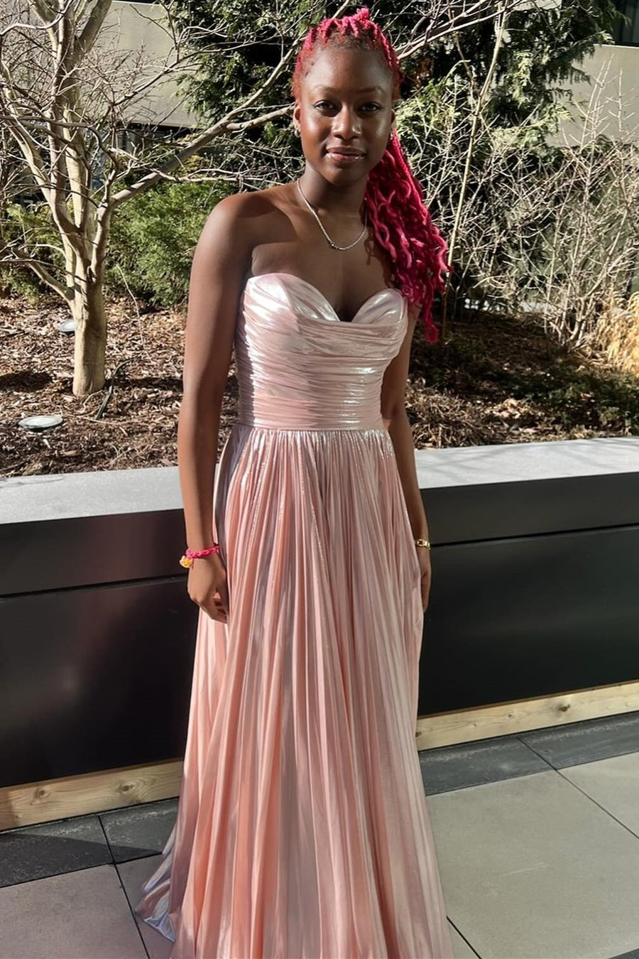 Oakley | Green Metallic Strapless Pleated A-Line Long Prom Dresses - Prom Dress - DYAVOR®