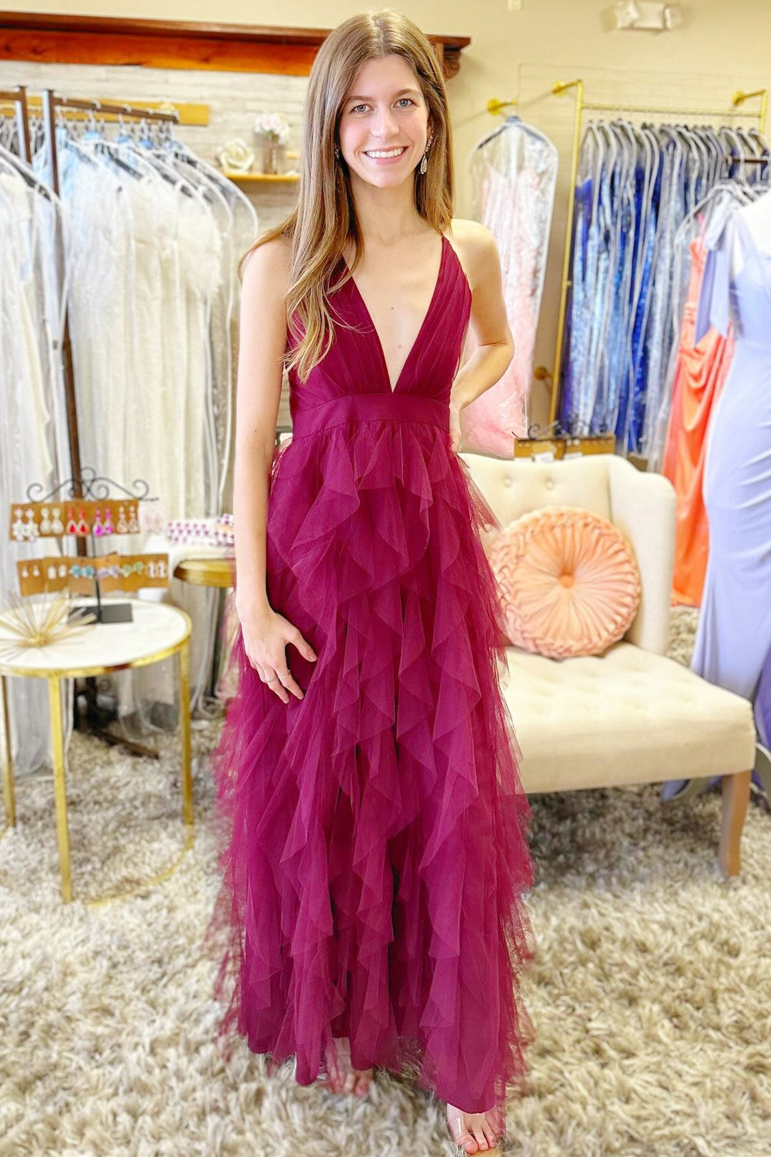 Cross-Back Plunge V Ruffle Maxi Dress in Smoky Blue - Prom Dress - DYAVOR®