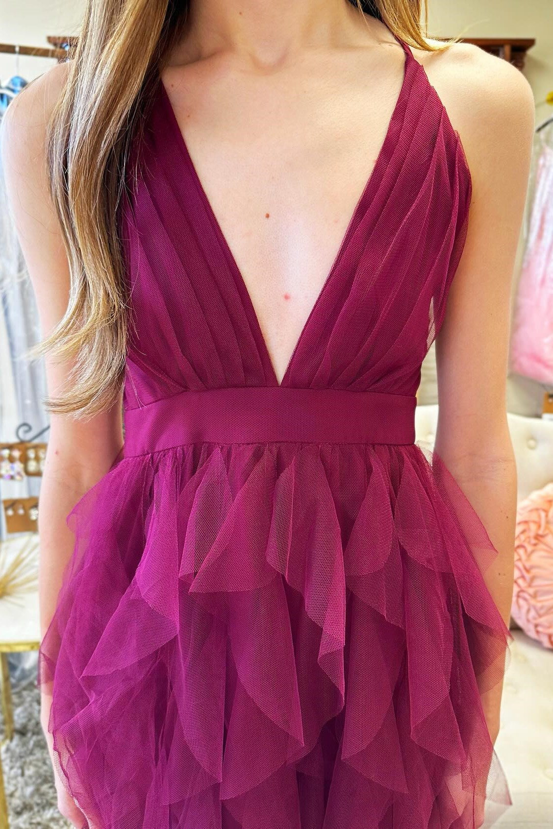 Cross-Back Plunge V Ruffle Maxi Dress in Smoky Blue - Prom Dress - DYAVOR®