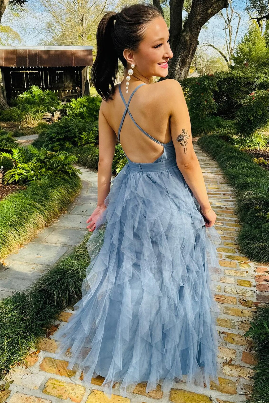 Cross-Back Plunge V Ruffle Maxi Dress in Smoky Blue - Prom Dress - DYAVOR®