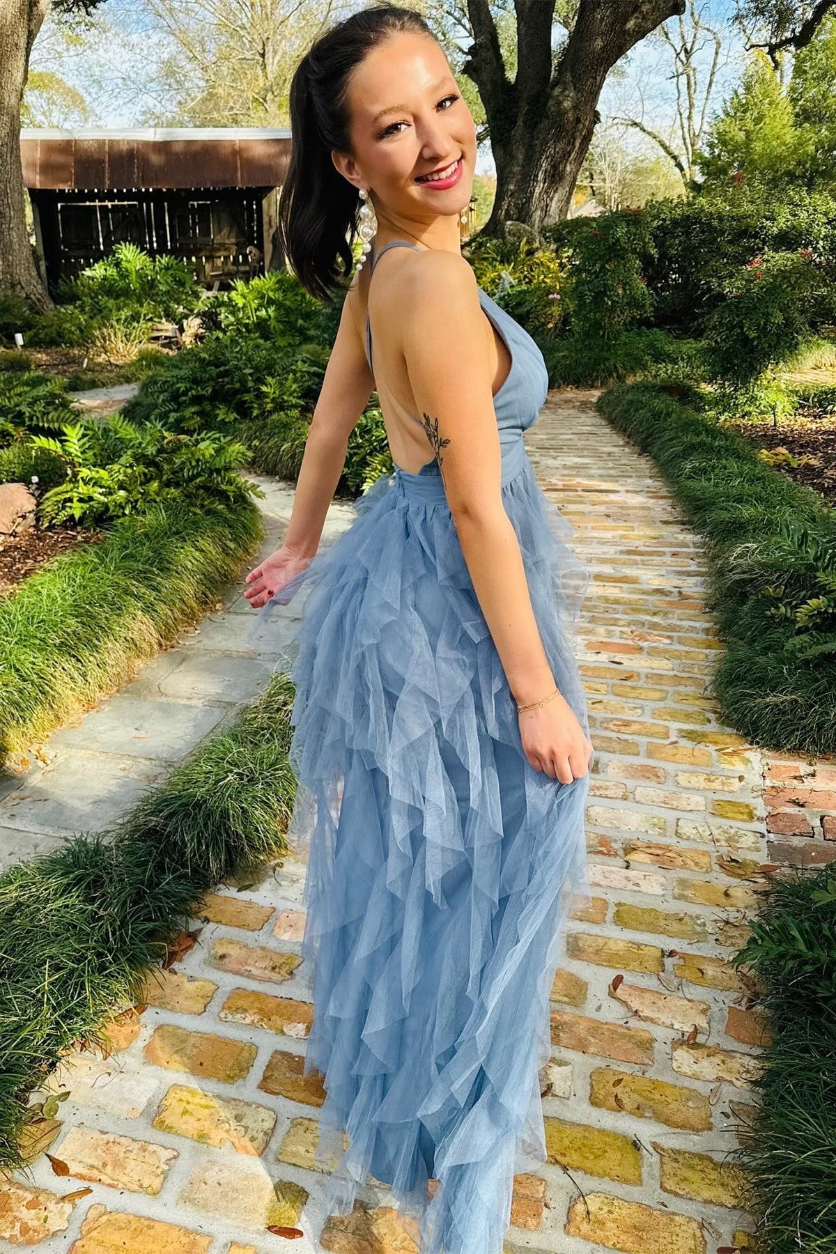 Cross-Back Plunge V Ruffle Maxi Dress in Smoky Blue - Prom Dress - DYAVOR®