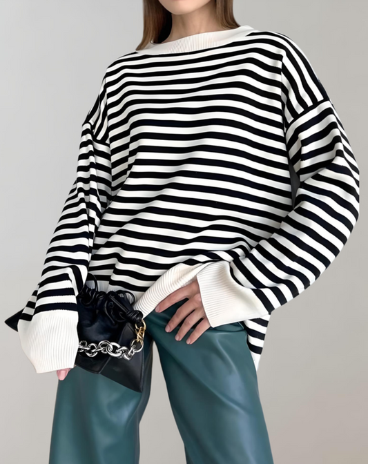 Arya - Women's Oversized Stripe Round Neck Polo Sweater