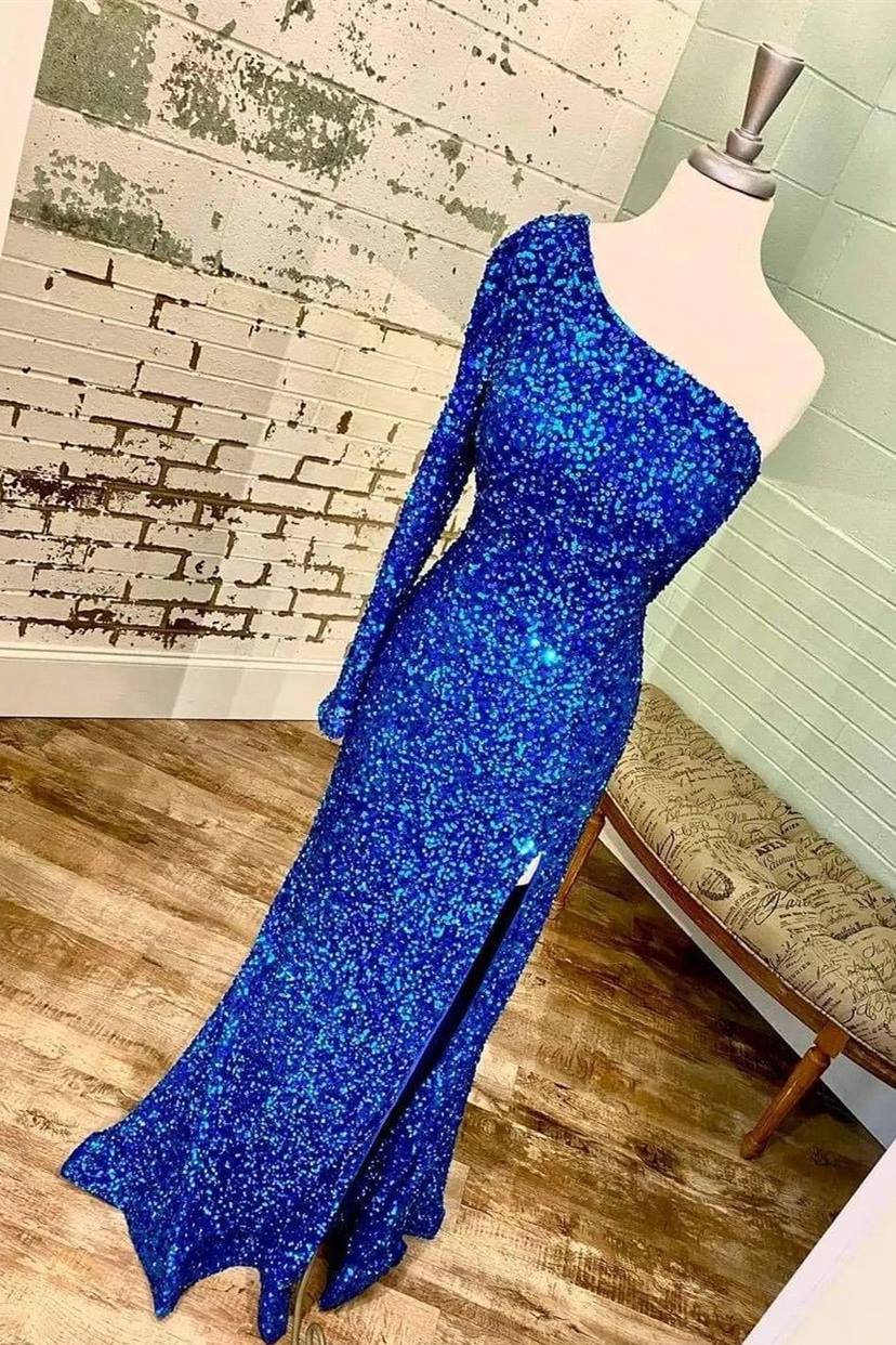 One-shoulder Long Sleeve Tiffany Blue Sequins Long Formal Dress - Prom Dress - DYAVOR®