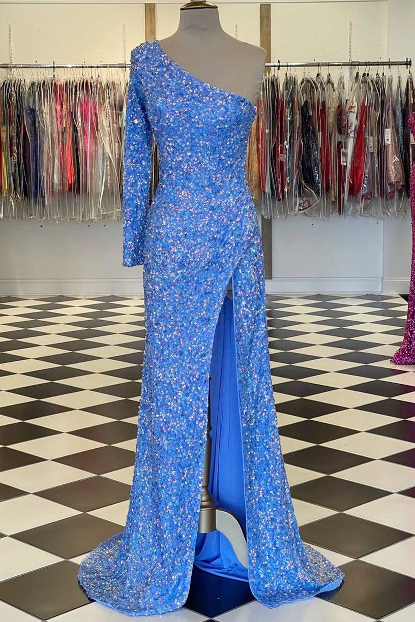 One-shoulder Long Sleeve Tiffany Blue Sequins Long Formal Dress - Prom Dress - DYAVOR®