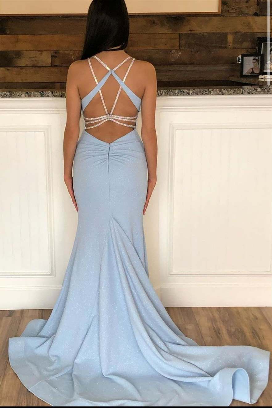Light Blue Beaded Backless Trumpet Long Prom Dress - Prom Dress - DYAVOR®