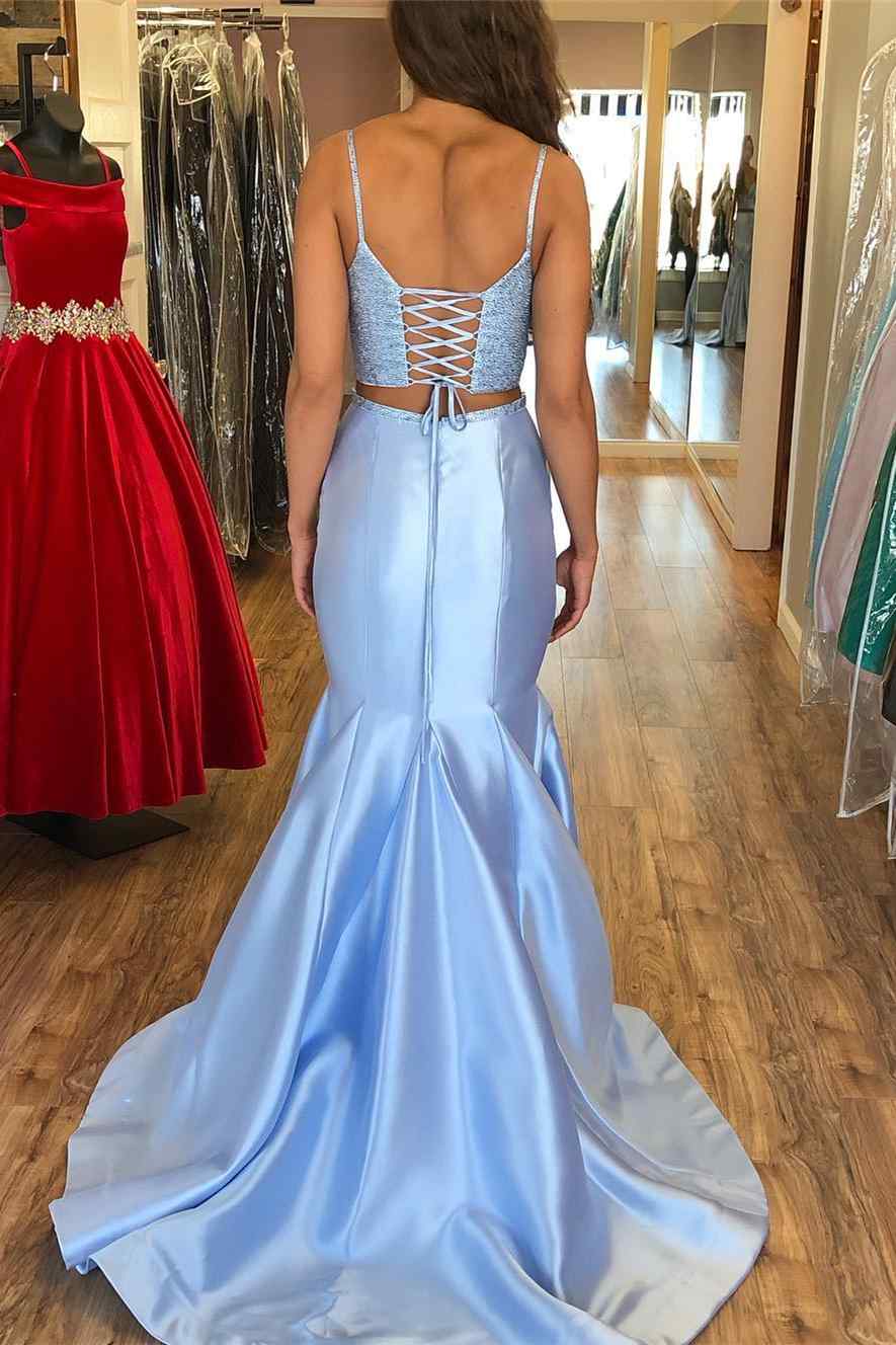 Two-Piece Glitter Light Blue Straps Trumpet Long Prom Dress - Prom Dress - DYAVOR®