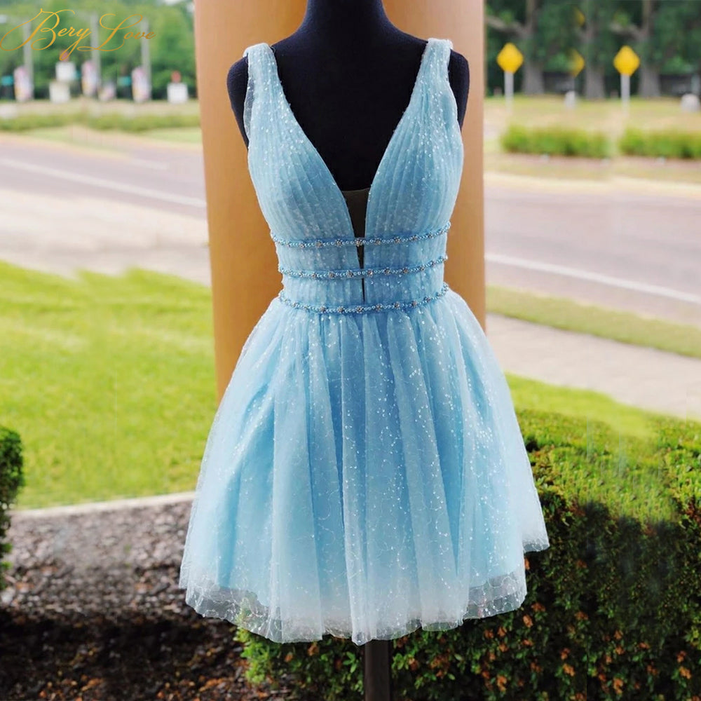 Thalia |A Line Tulle V Neck Homecoming Dress With Beading - Homecoming Dress - DYAVOR®