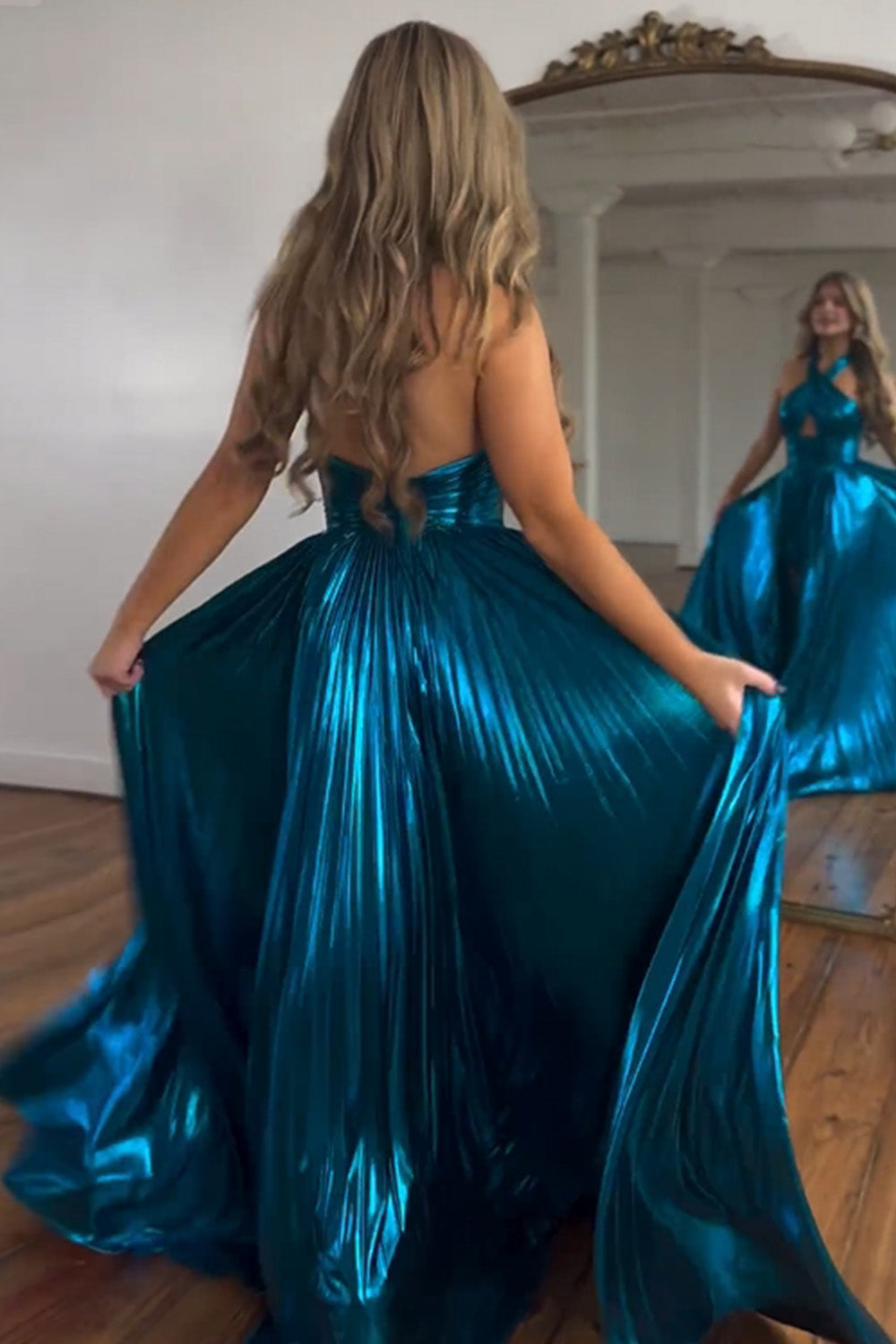 Peacock Blue Halter Neck A-Line Long Prom Dress With Split - Prom Dress - DYAVOR®