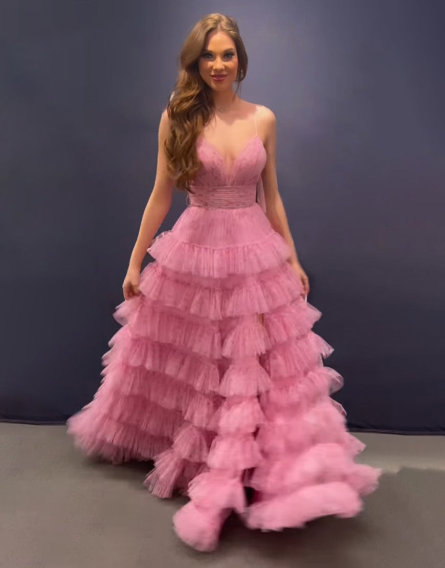 Ansley | Pink A Line Spaghetti Straps Open Back Tiered Long Prom Dress - Prom Dress - DYAVOR®
