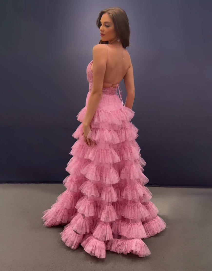 Ansley | Pink A Line Spaghetti Straps Open Back Tiered Long Prom Dress - Prom Dress - DYAVOR®