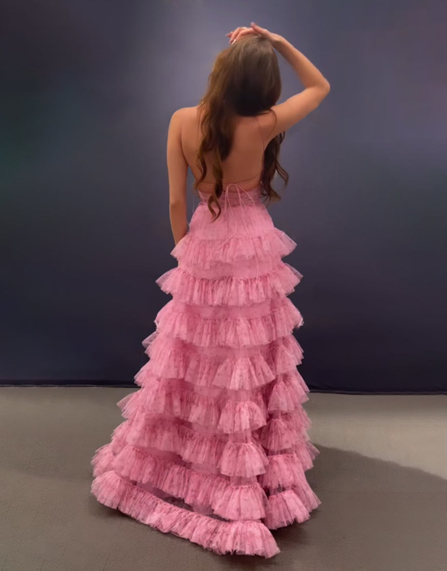 Ansley | Pink A Line Spaghetti Straps Open Back Tiered Long Prom Dress - Prom Dress - DYAVOR®