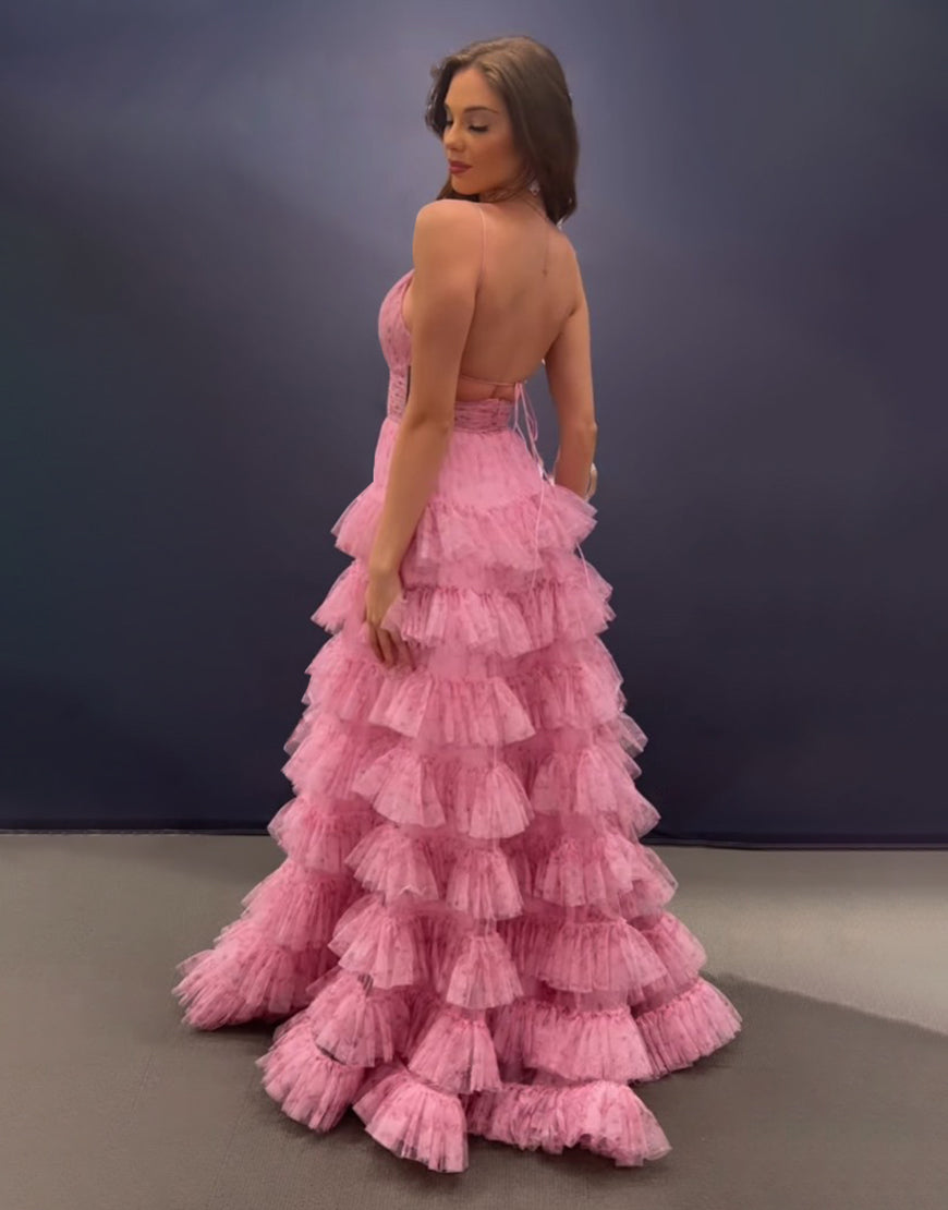 Ansley | Pink A Line Spaghetti Straps Open Back Tiered Long Prom Dress - Prom Dress - DYAVOR®