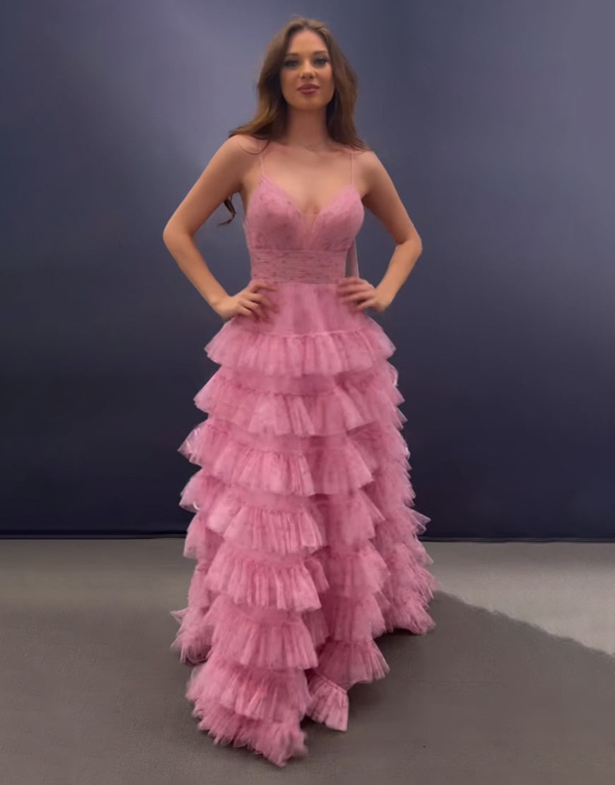 Ansley | Pink A Line Spaghetti Straps Open Back Tiered Long Prom Dress - Prom Dress - DYAVOR®