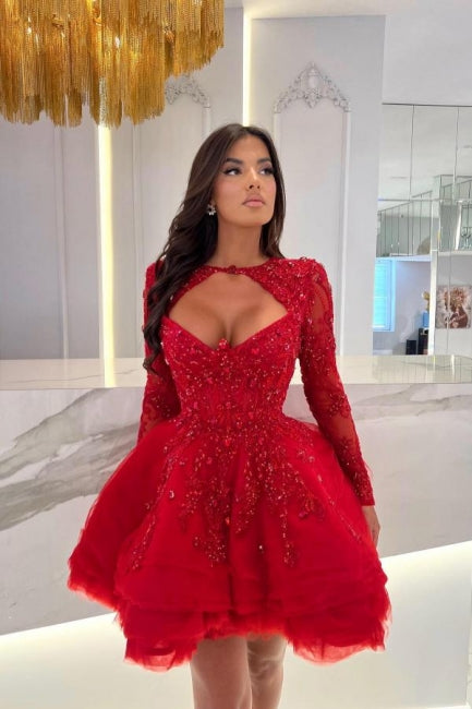 Red Mini A-Line Long Sleeves Ruffles Halter Prom Dresses with Appliques - Prom Dresses - DYAVOR®