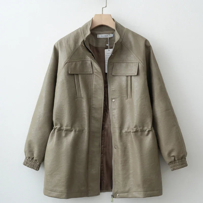 Fall Fashion Faux Leather Jacket with Adjustable Elastic Waist – Trendy Autumn Outerwear Women