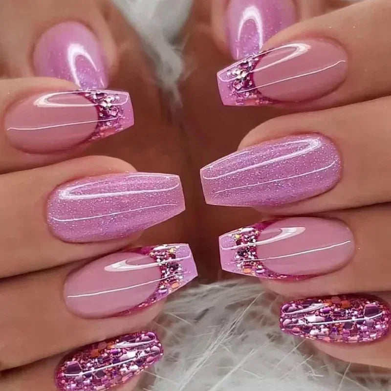 24pcs removeable false nails with glue Gradient Shinny brown coffin glitter Ballet press on nails long full cover fake nails tip