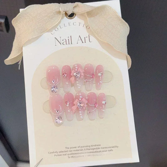 10pcs removeable ballet press on acrylic nails full cover gradient pink false nails with 3D charms handmade stick on nails long -  - DYAVOR®